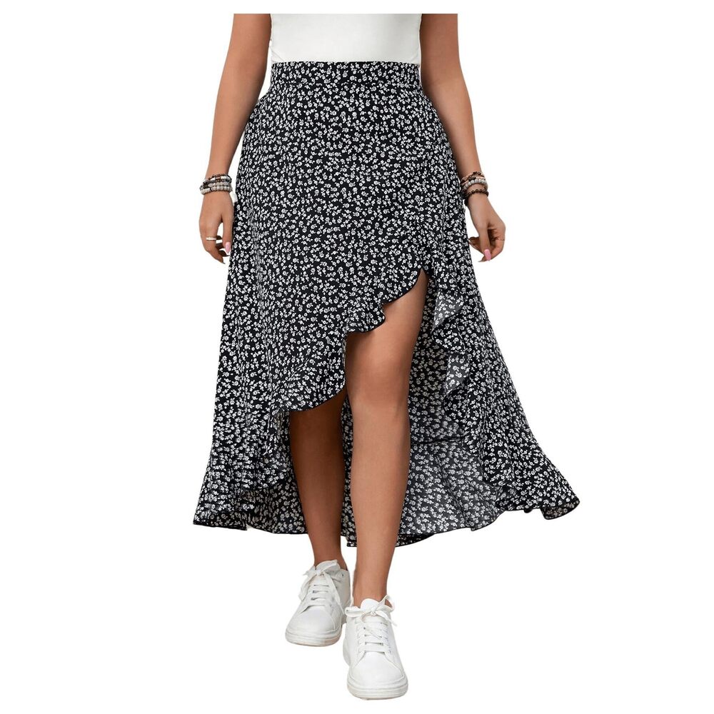 1211 Plus Size Casual Ruffle Swing Skirt High Waisted High Low Hem Maxi